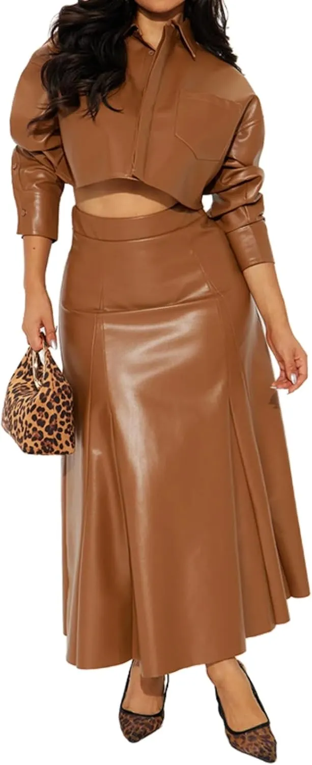 Molilove Women's 2 Piece Outfit Pu Faux Leather Long Sleeve Button Short Jacket and High Waist A-Line Pleated Midi Skirt Set