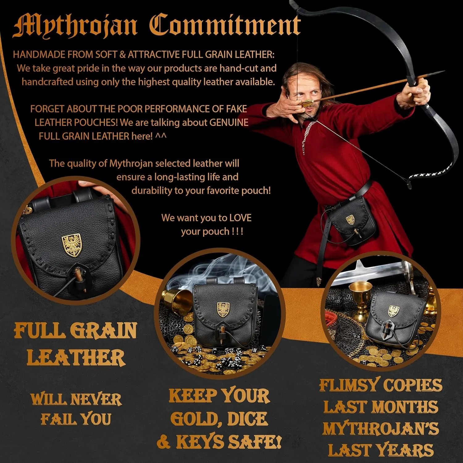 Mythrojan Viking Leather Belt Bag - Medieval & Renaissance Costume Accessories - LARP Waist Bag - Cosplay Coin Purse - Antique Vintage Coin Pouch
