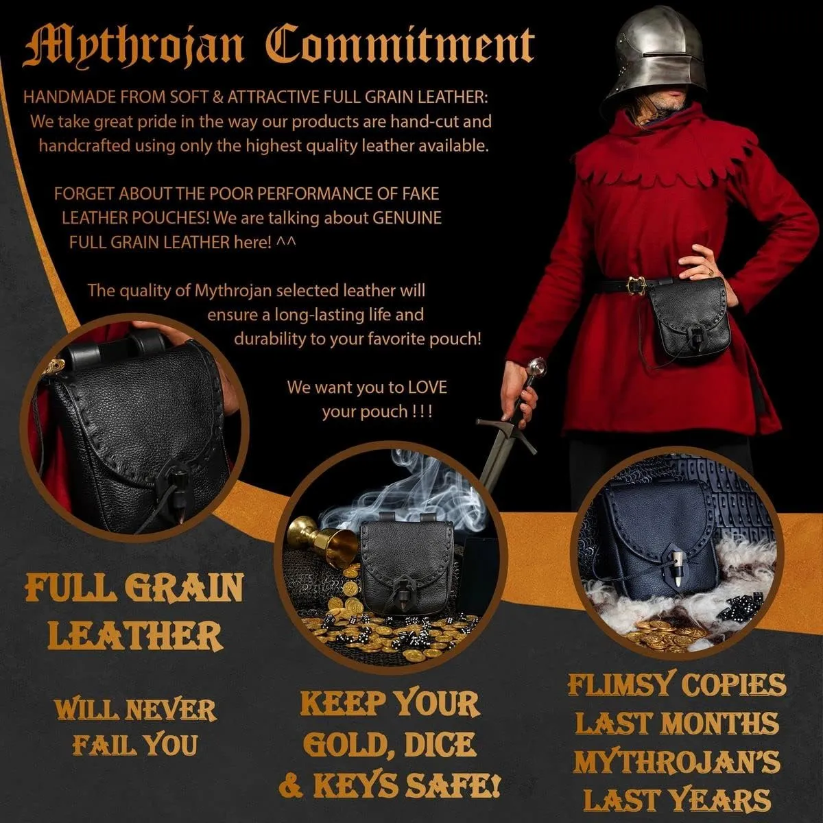 Mythrojan Viking Leather Belt Bag - Medieval & Renaissance Costume Accessories - LARP Waist Bag - Cosplay Coin Purse - Antique Vintage Coin Pouch