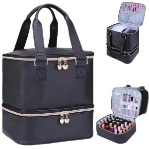 Nail Polish Organizer Case Hold 30  Bottles (15ml/0.5 fl.oz) and a Nail Lamp, Double-Layer Nail Case Bag Nail Polish Organizer Bag, Nail Supply Organizers and Storage for Nail Tech (BLACK)