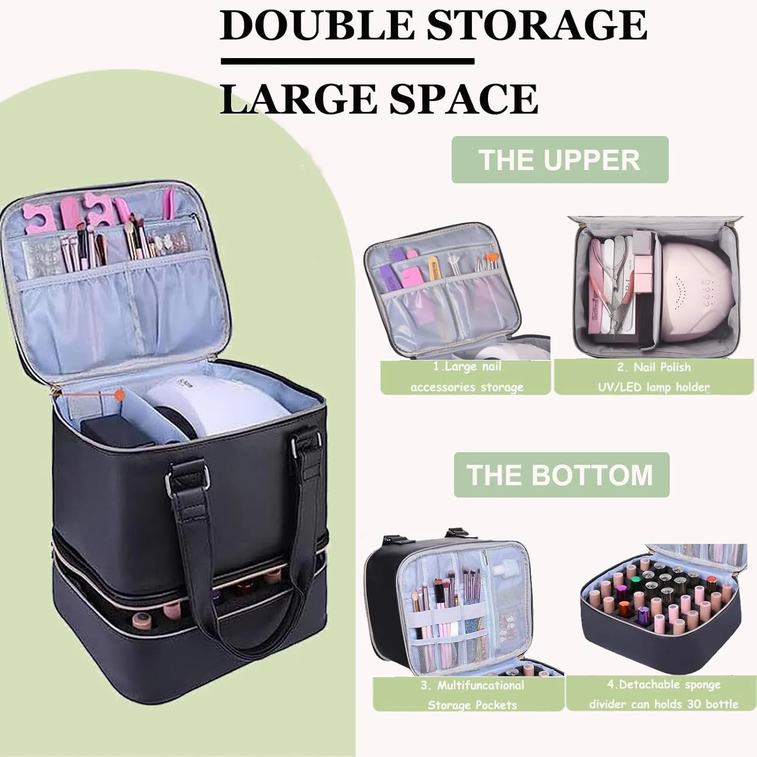Nail Polish Organizer Case Hold 30  Bottles (15ml/0.5 fl.oz) and a Nail Lamp, Double-Layer Nail Case Bag Nail Polish Organizer Bag, Nail Supply Organizers and Storage for Nail Tech (BLACK)
