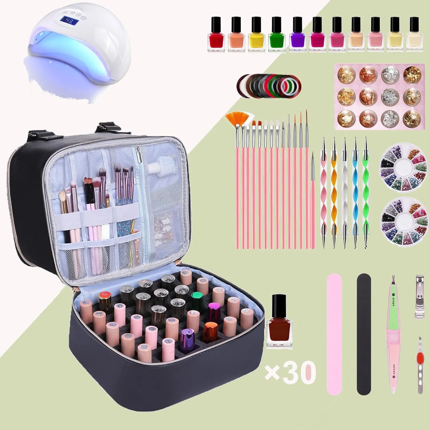 Nail Polish Organizer Case Hold 30  Bottles (15ml/0.5 fl.oz) and a Nail Lamp, Double-Layer Nail Case Bag Nail Polish Organizer Bag, Nail Supply Organizers and Storage for Nail Tech (BLACK)