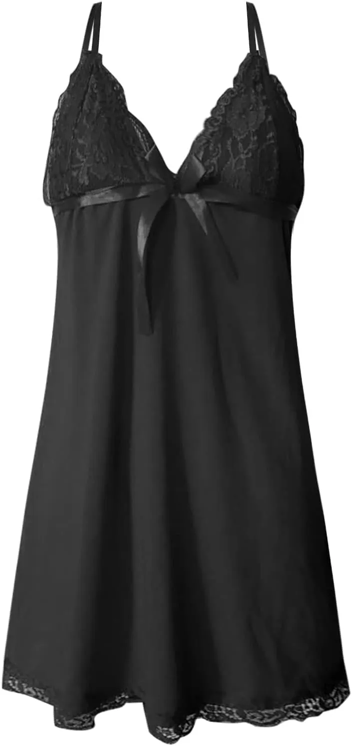 Nightgowns for Women Plus Size Spaghetti Strap Deep V Neck Nightdress Sleepwear Dot Print Lace Trim Full Slip Sleep Dress
