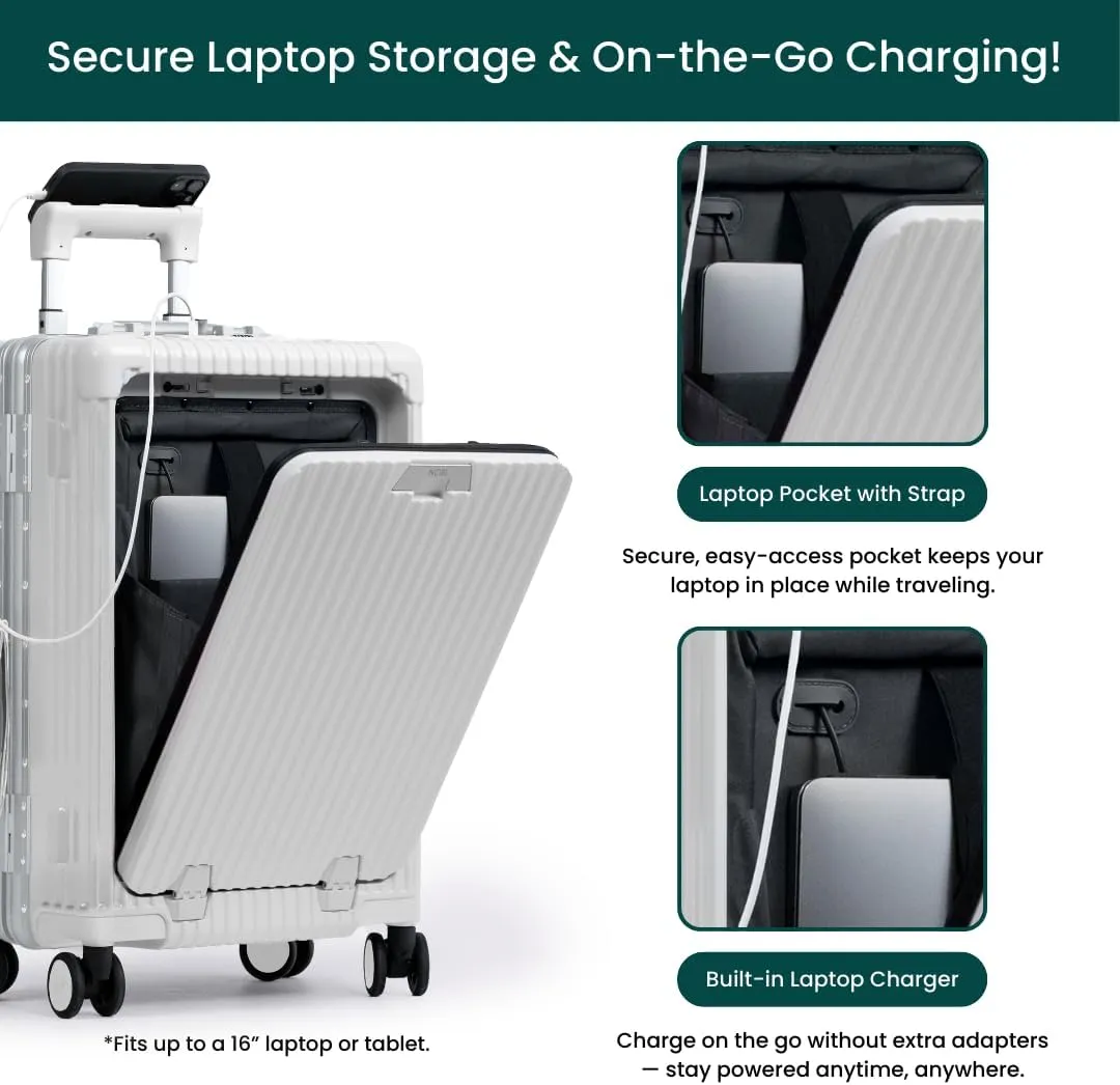 Nobl Travel Carry On Luggage, Noble Zipperless Aluminum Frame PC Hard Shell Suitcase, 23.5x15.5x10 Airline Approved, 360 Spinner Wheels, TSA Locks, USB Charging Port, Cup & Phone Holder - White