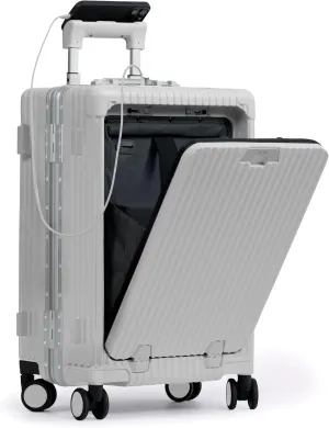 Nobl Travel Carry On Luggage, Noble Zipperless Aluminum Frame PC Hard Shell Suitcase, 23.5x15.5x10 Airline Approved, 360 Spinner Wheels, TSA Locks, USB Charging Port, Cup & Phone Holder - White