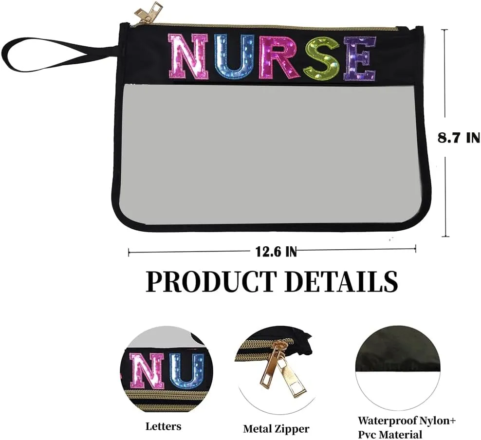 Nurse Letter Bags Clear Makeup Bag, Nurse Gift Cosmetic Bag for Travel Zipper Pouch with Handle Nurse Accessories, Nylon & PVC Waterproof Toiletry Organizer Bag for Women Girls Gift (Black Nurse)
