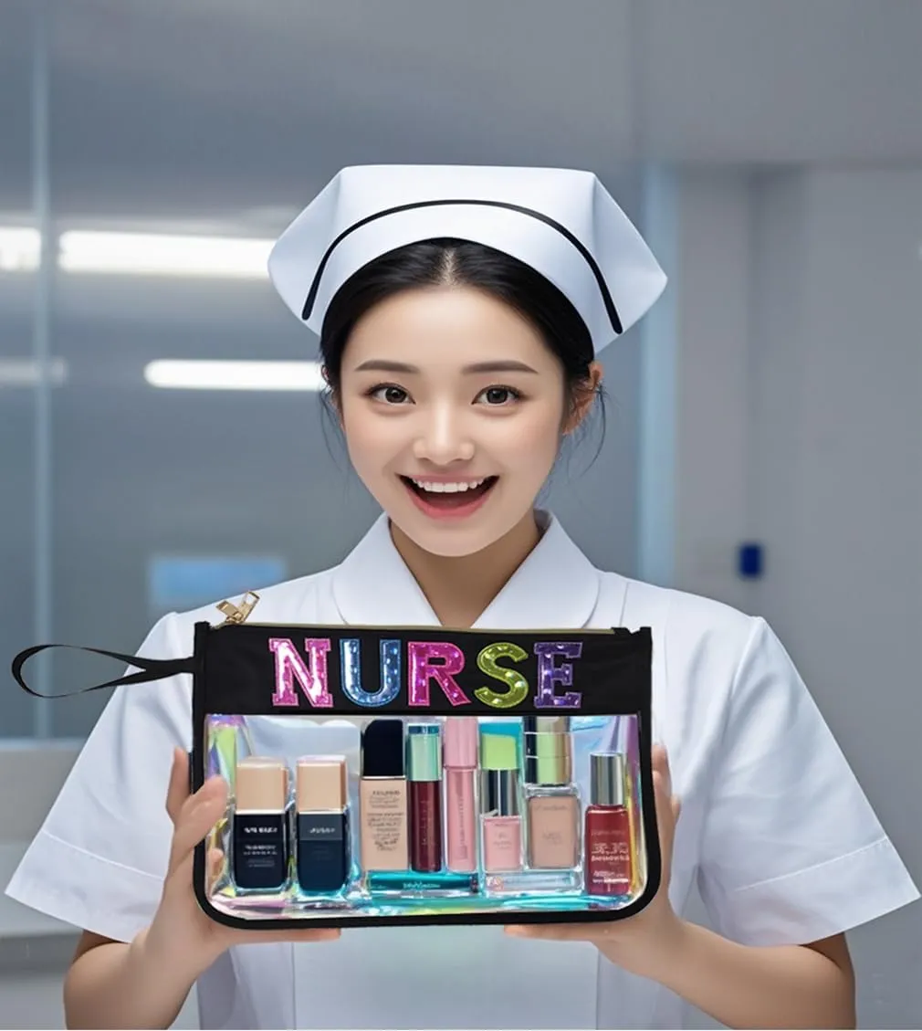 Nurse Letter Bags Clear Makeup Bag, Nurse Gift Cosmetic Bag for Travel Zipper Pouch with Handle Nurse Accessories, Nylon & PVC Waterproof Toiletry Organizer Bag for Women Girls Gift (Black Nurse)