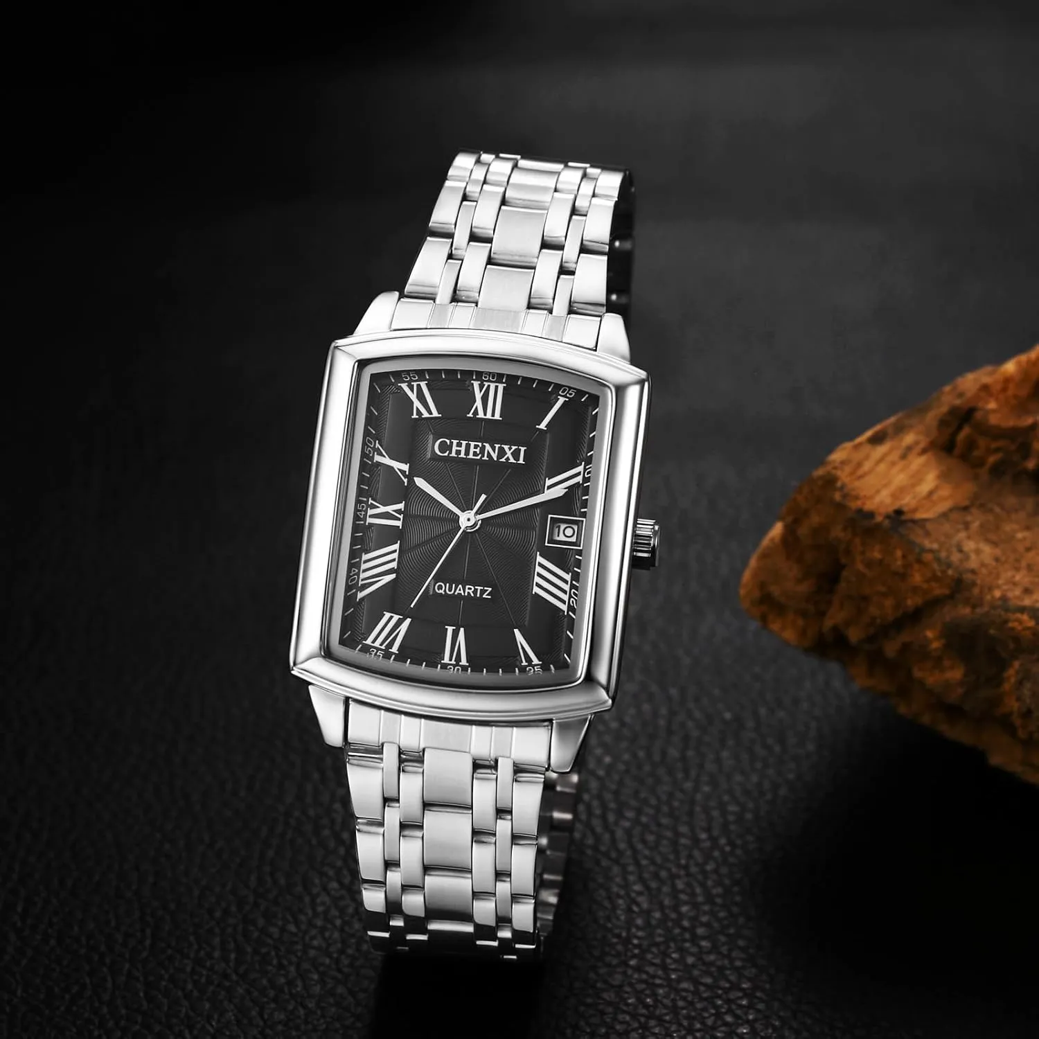 OIDEA Stainless Steel Watches for Men: Square Dial Roman Numerals Quartz Analog Wrist Watch Waterproof Mens Watches with Calendar Date Casual Dress Business Wristwatch
