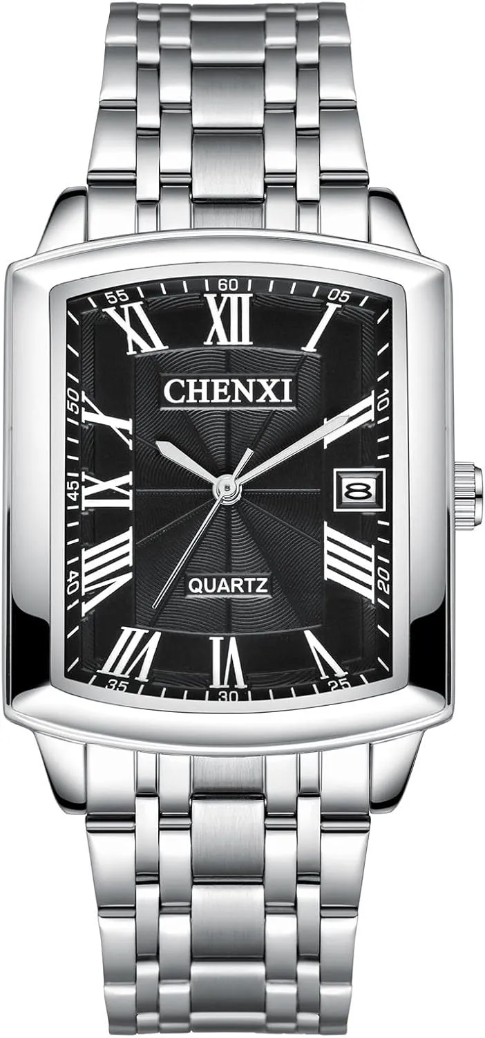 OIDEA Stainless Steel Watches for Men: Square Dial Roman Numerals Quartz Analog Wrist Watch Waterproof Mens Watches with Calendar Date Casual Dress Business Wristwatch