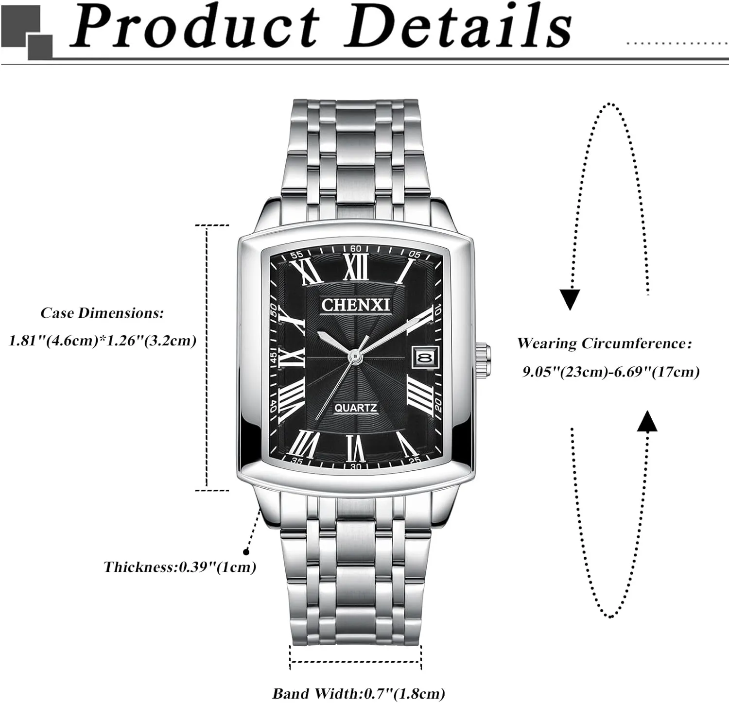 OIDEA Stainless Steel Watches for Men: Square Dial Roman Numerals Quartz Analog Wrist Watch Waterproof Mens Watches with Calendar Date Casual Dress Business Wristwatch