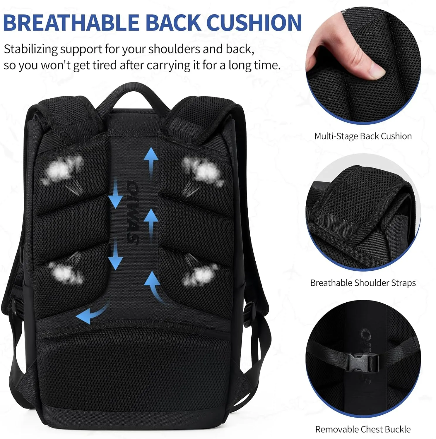 OIWAS Backpacks for Men, Laptop Backpack 16 Inch with Magnetic Buckle, Waterproof Travel Backpack for Men, Breathable Laptop Backpacks, Black