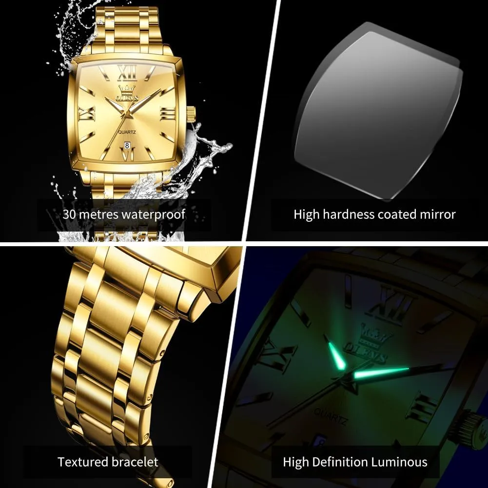 OLEVS Mens Tank Watch Minimalist Diamond Watch Fashion Dress Analog Quartz Mens Watches Rectangular Waterproof Stainless Steel Luminous with Date Watches for Men(Silver/Rose Gold)