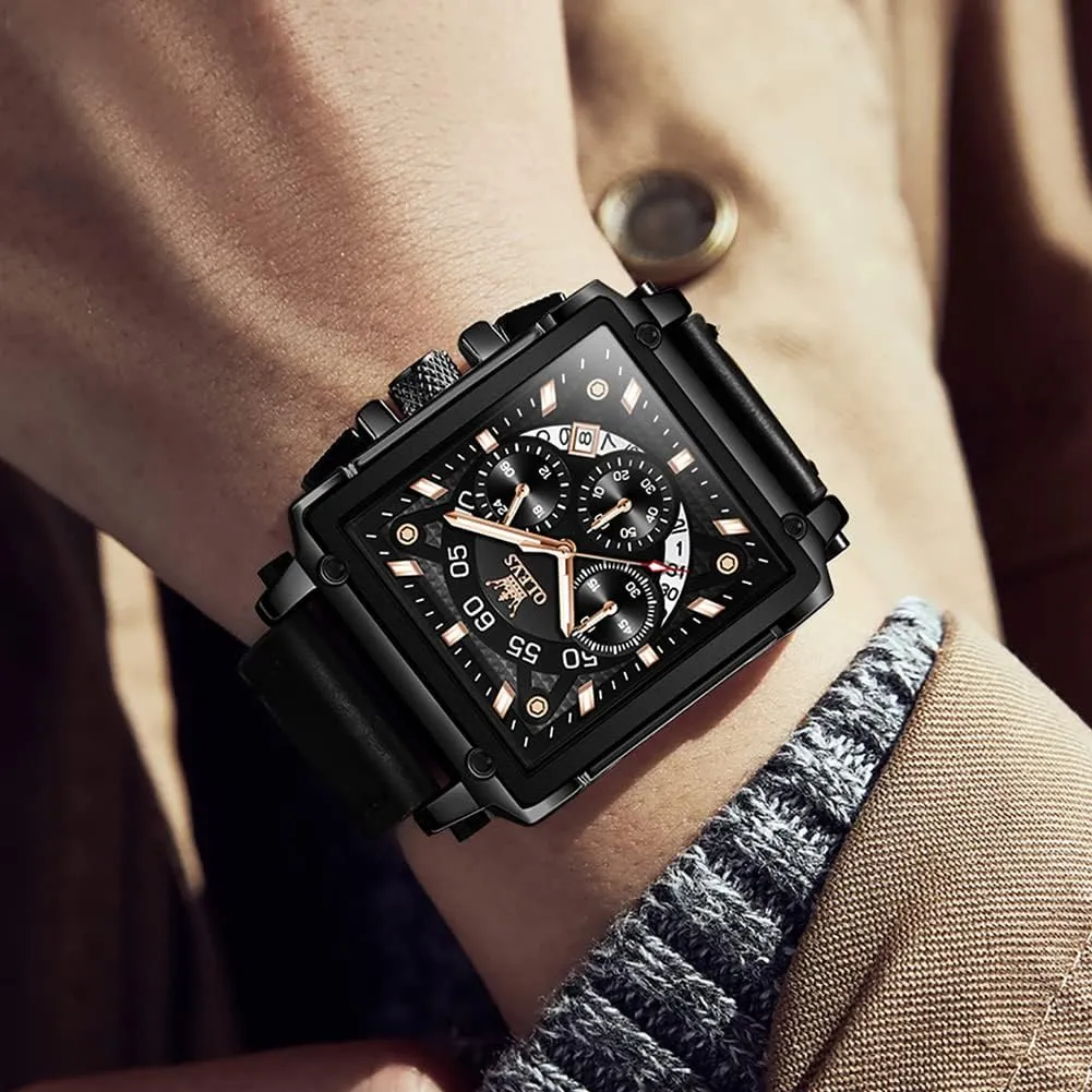 OLEVS Watches for Men Quartz Chronograph Leather Fashion Dress Watch Date Waterproof Luminous Casual Square Business Wrist Watches