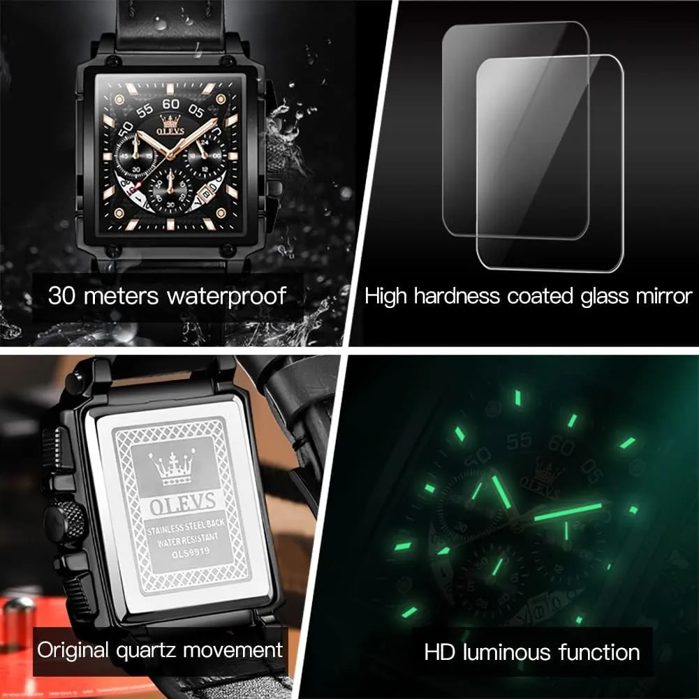 OLEVS Watches for Men Quartz Chronograph Leather Fashion Dress Watch Date Waterproof Luminous Casual Square Business Wrist Watches