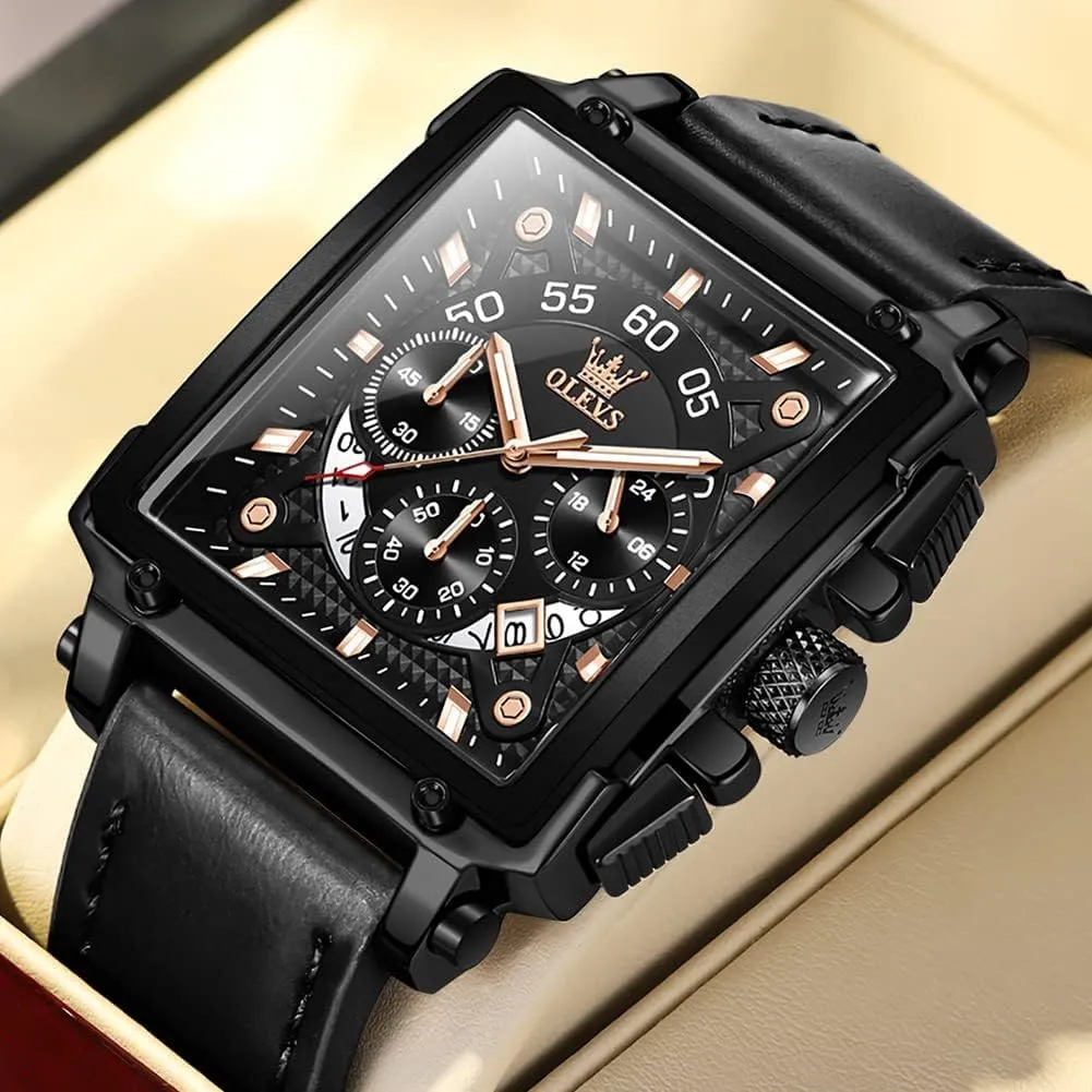 OLEVS Watches for Men Quartz Chronograph Leather Fashion Dress Watch Date Waterproof Luminous Casual Square Business Wrist Watches