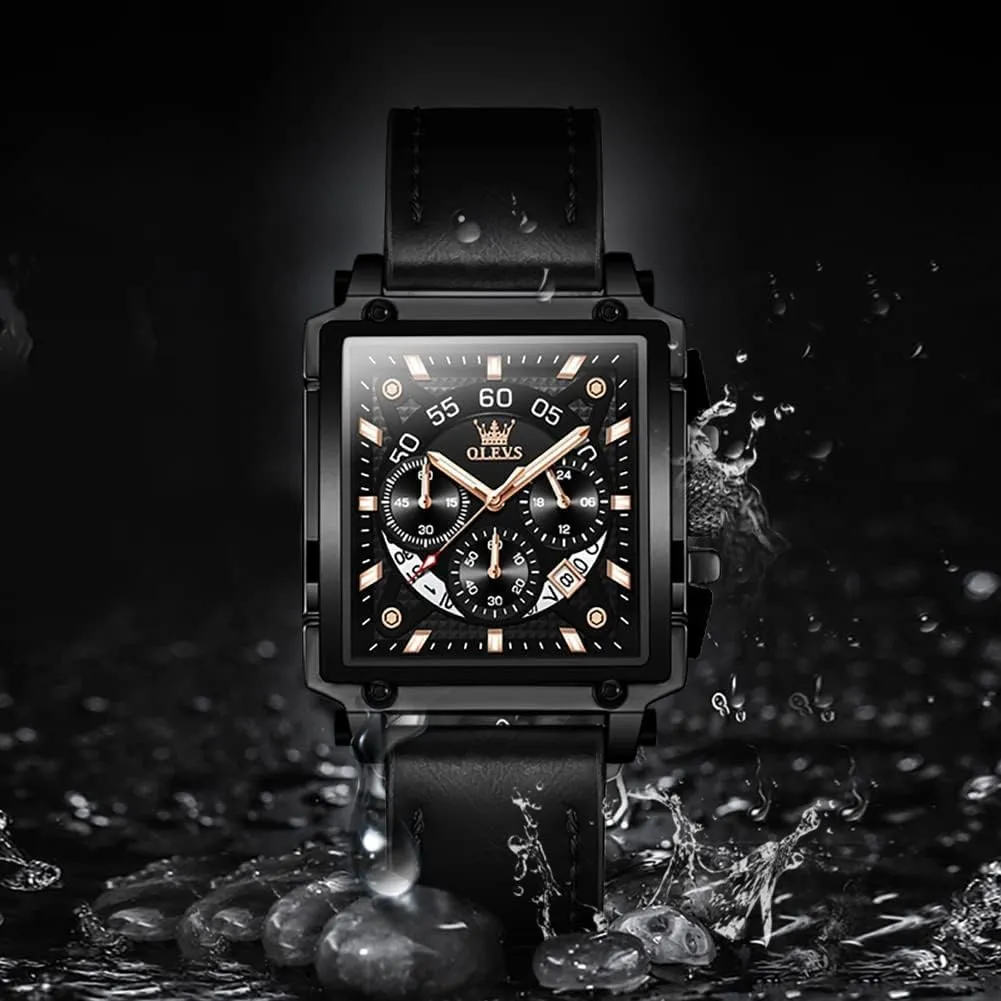 OLEVS Watches for Men Quartz Chronograph Leather Fashion Dress Watch Date Waterproof Luminous Casual Square Business Wrist Watches
