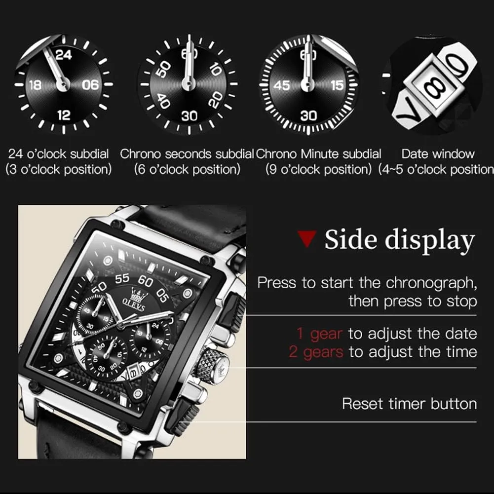 OLEVS Watches for Men Quartz Chronograph Leather Fashion Dress Watch Date Waterproof Luminous Casual Square Business Wrist Watches
