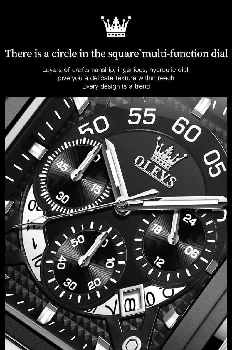 OLEVS Watches for Men Quartz Chronograph Leather Fashion Dress Watch Date Waterproof Luminous Casual Square Business Wrist Watches