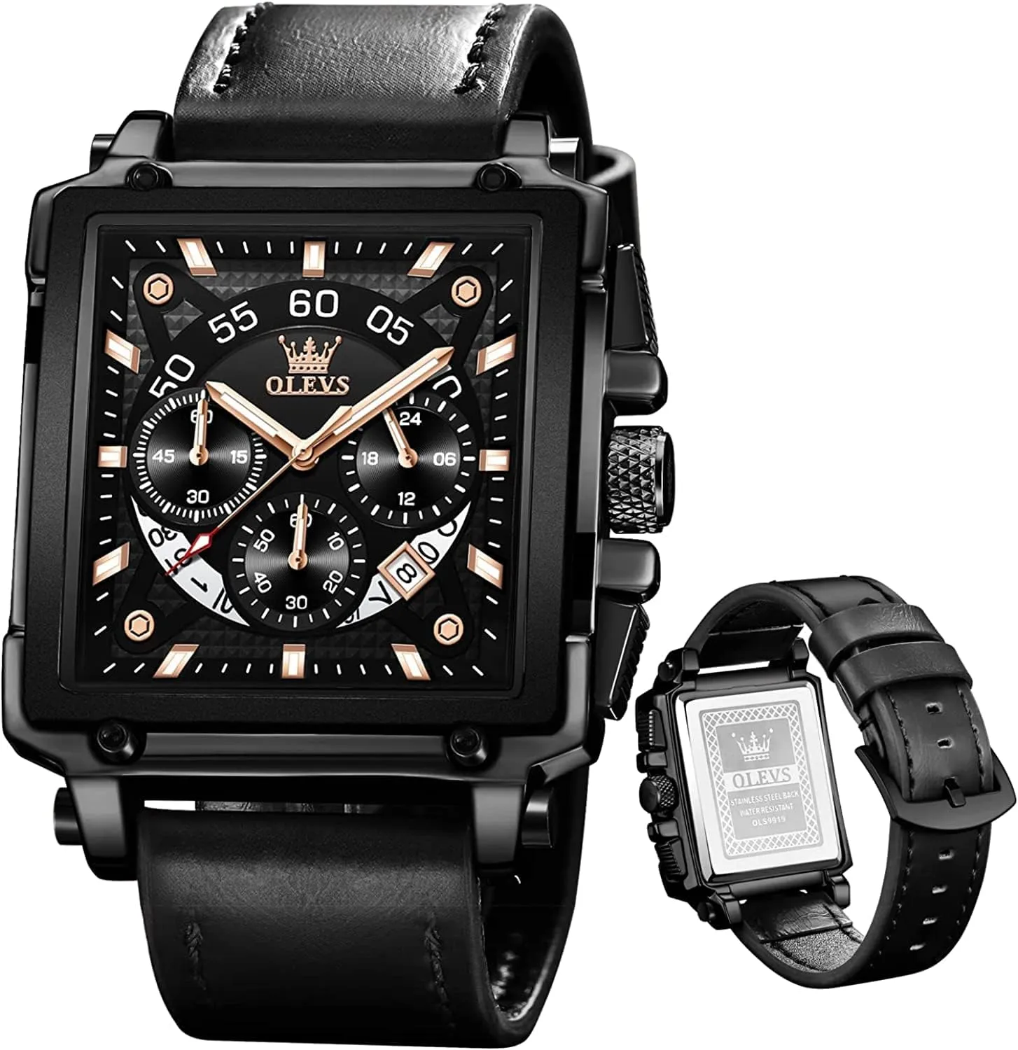 OLEVS Watches for Men Quartz Chronograph Leather Fashion Dress Watch Date Waterproof Luminous Casual Square Business Wrist Watches