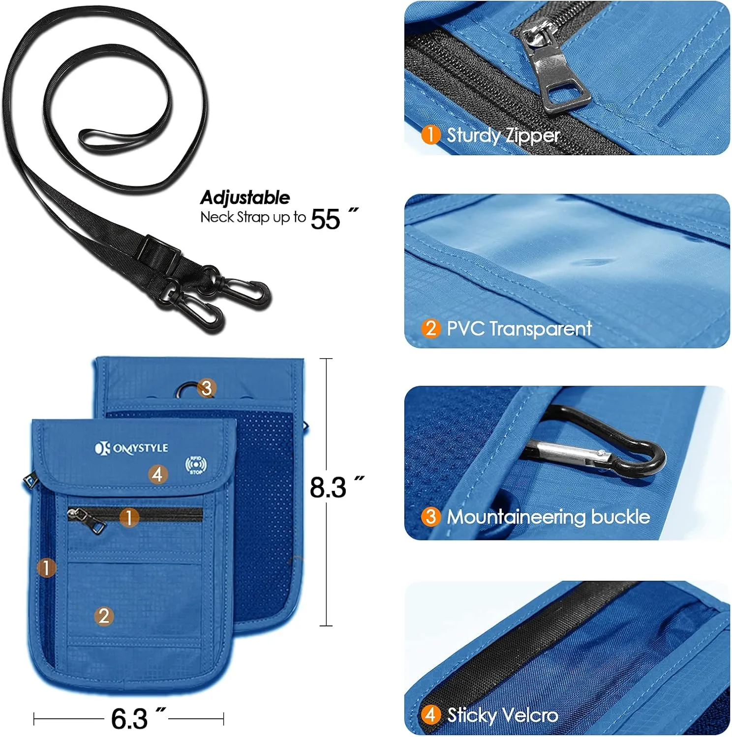 OMYSTYLE Neck Wallet, RFID Passport Holder for Travel, Adjustable Neck Strap, Waterproof Neck Pouch for Men & Women to Keep Cash, Credit Cards and Documents Safe, Blue (8x6)