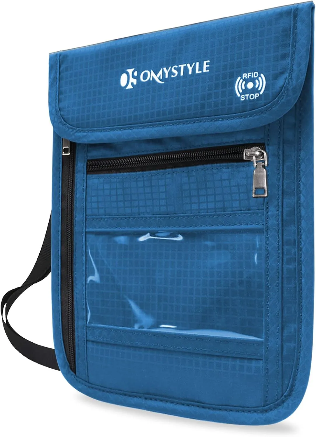 OMYSTYLE Neck Wallet, RFID Passport Holder for Travel, Adjustable Neck Strap, Waterproof Neck Pouch for Men & Women to Keep Cash, Credit Cards and Documents Safe, Blue (8x6)