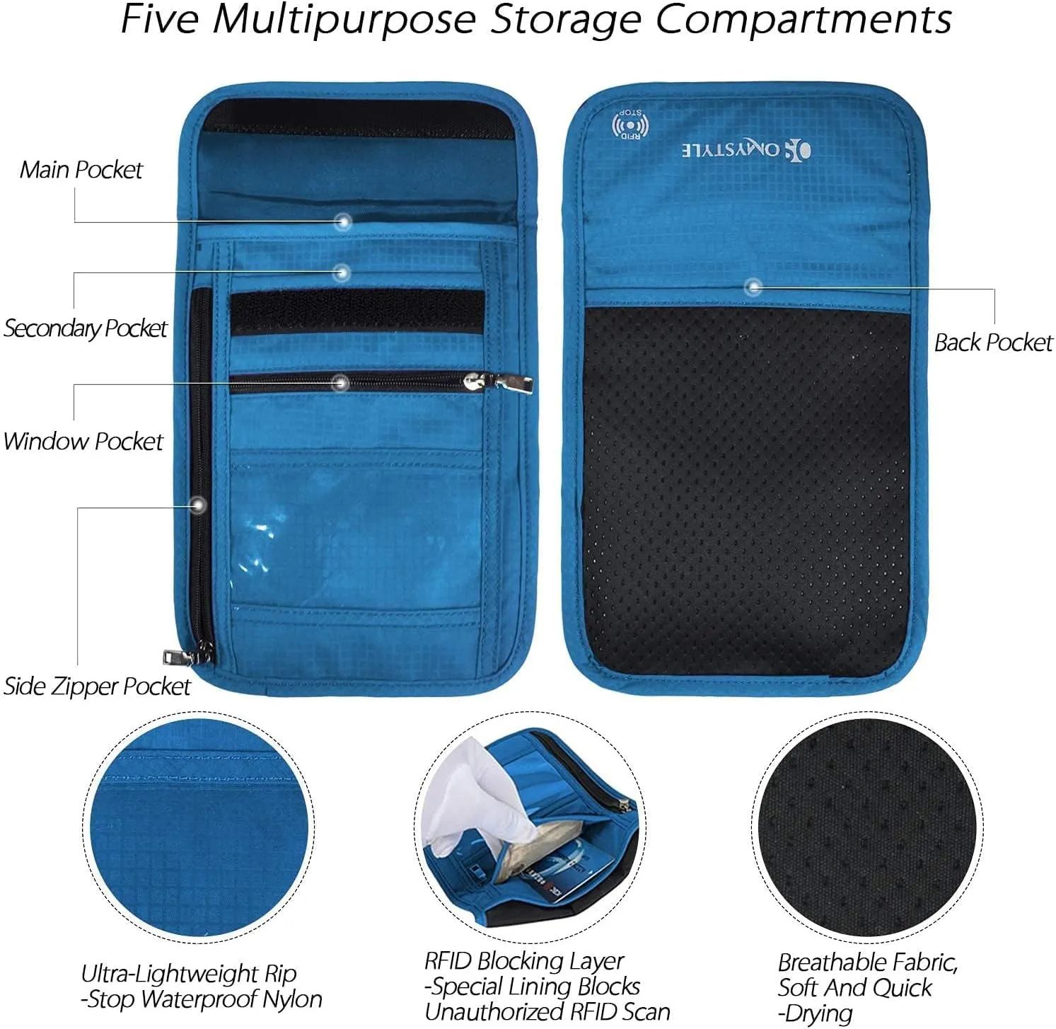 OMYSTYLE Neck Wallet, RFID Passport Holder for Travel, Adjustable Neck Strap, Waterproof Neck Pouch for Men & Women to Keep Cash, Credit Cards and Documents Safe, Blue (8x6)