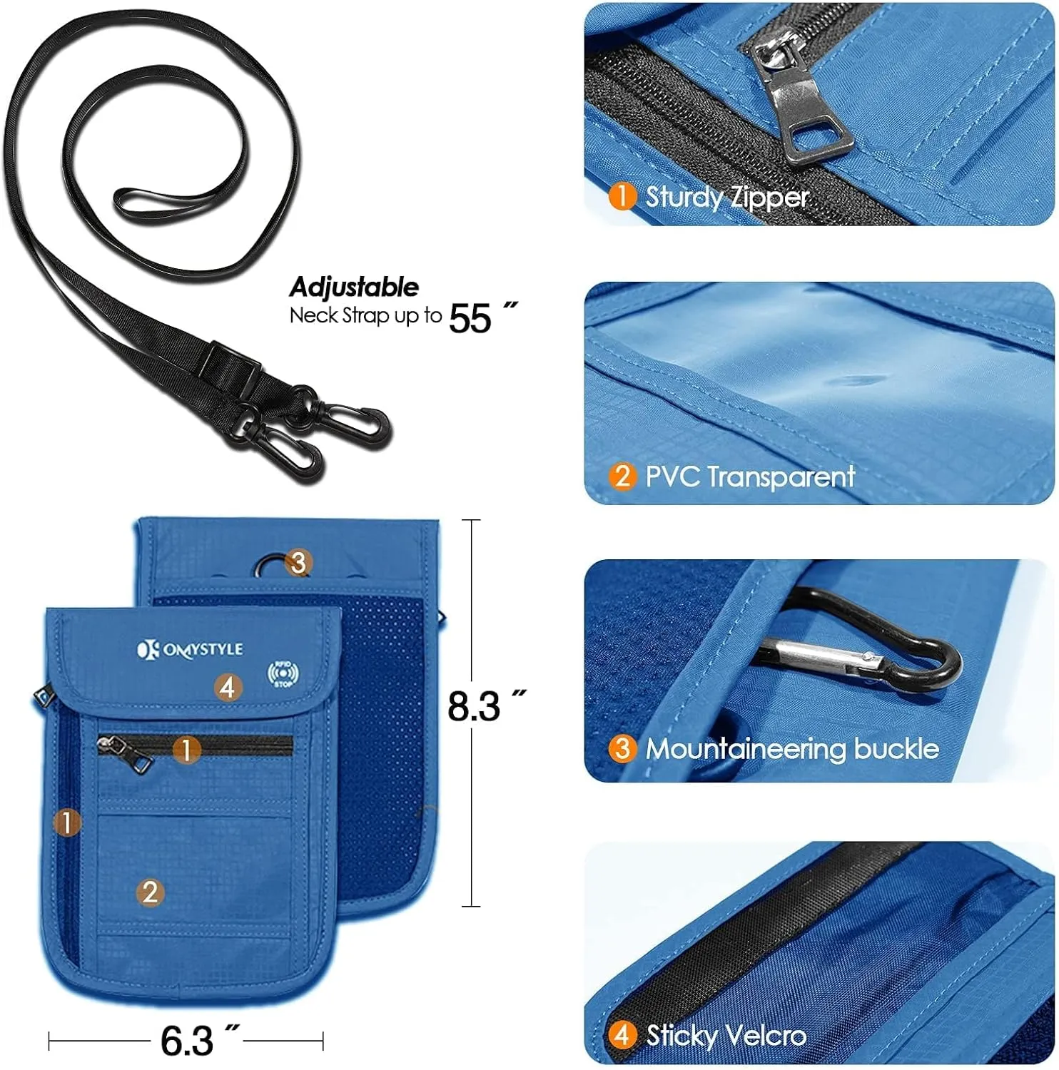 OMYSTYLE Neck Wallet, RFID Passport Holder for Travel, Adjustable Neck Strap, Waterproof Neck Pouch for Men & Women to Keep Cash, Credit Cards and Documents Safe, Blue (8x6)