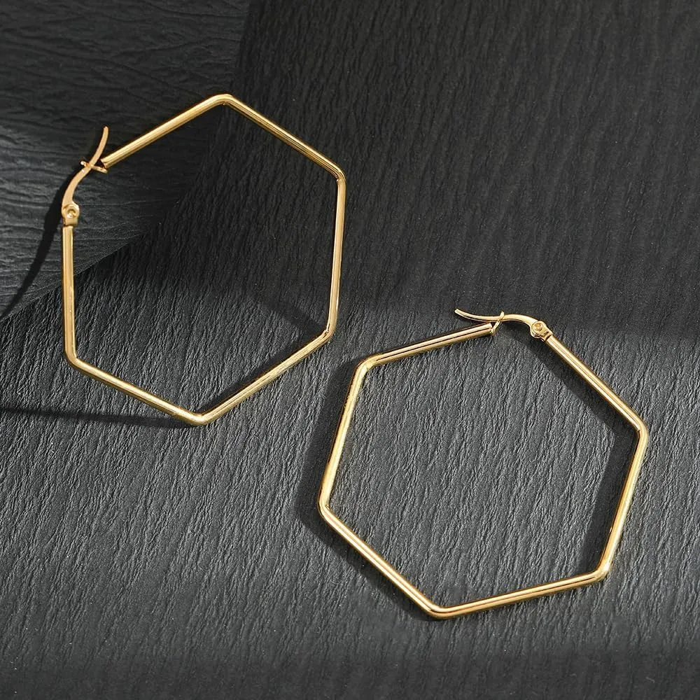 ONLYJUMP Big Hoop Geometric Earrings for Women Stainless Steel Geometric Hexagon Square Hoop Earrings Lightweight Hoop Earrings Jewelry Gift