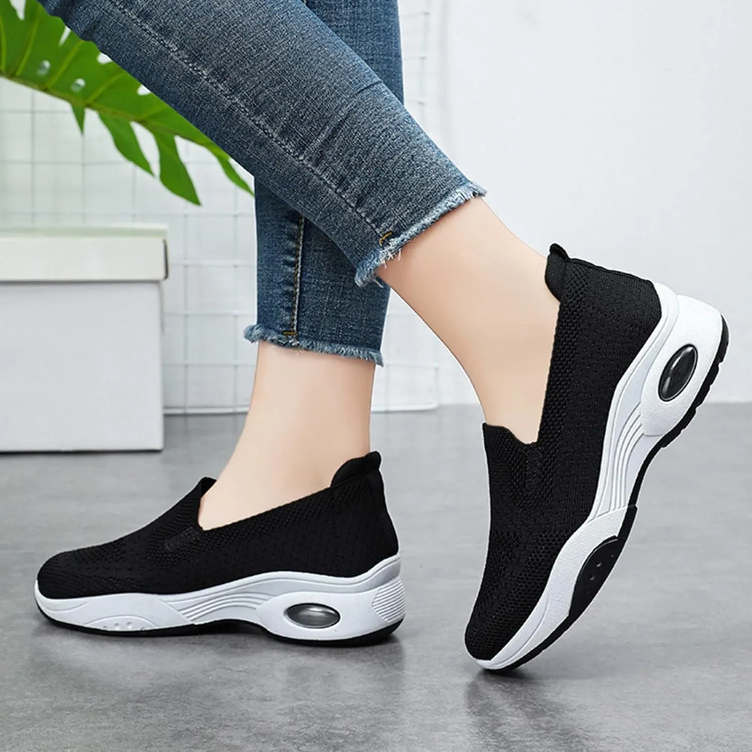 Orthoture Womens Shoes Arch Support Non Slip Air Cushion Slip-On Orthopedic New Woven Breathable Non-Slip Mesh Knitted Wide Width Sole Lightweight Low-Top Sneaker