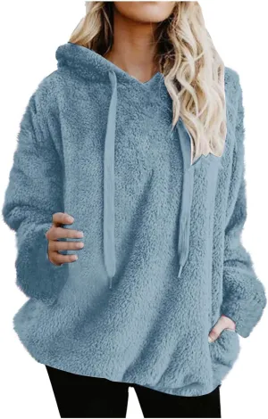 Oversized Fuzzy Fleece Hoodies For Women Warm Long Sleeve Sherpa Pullover Sweatshirts Winter Tops With Pockets