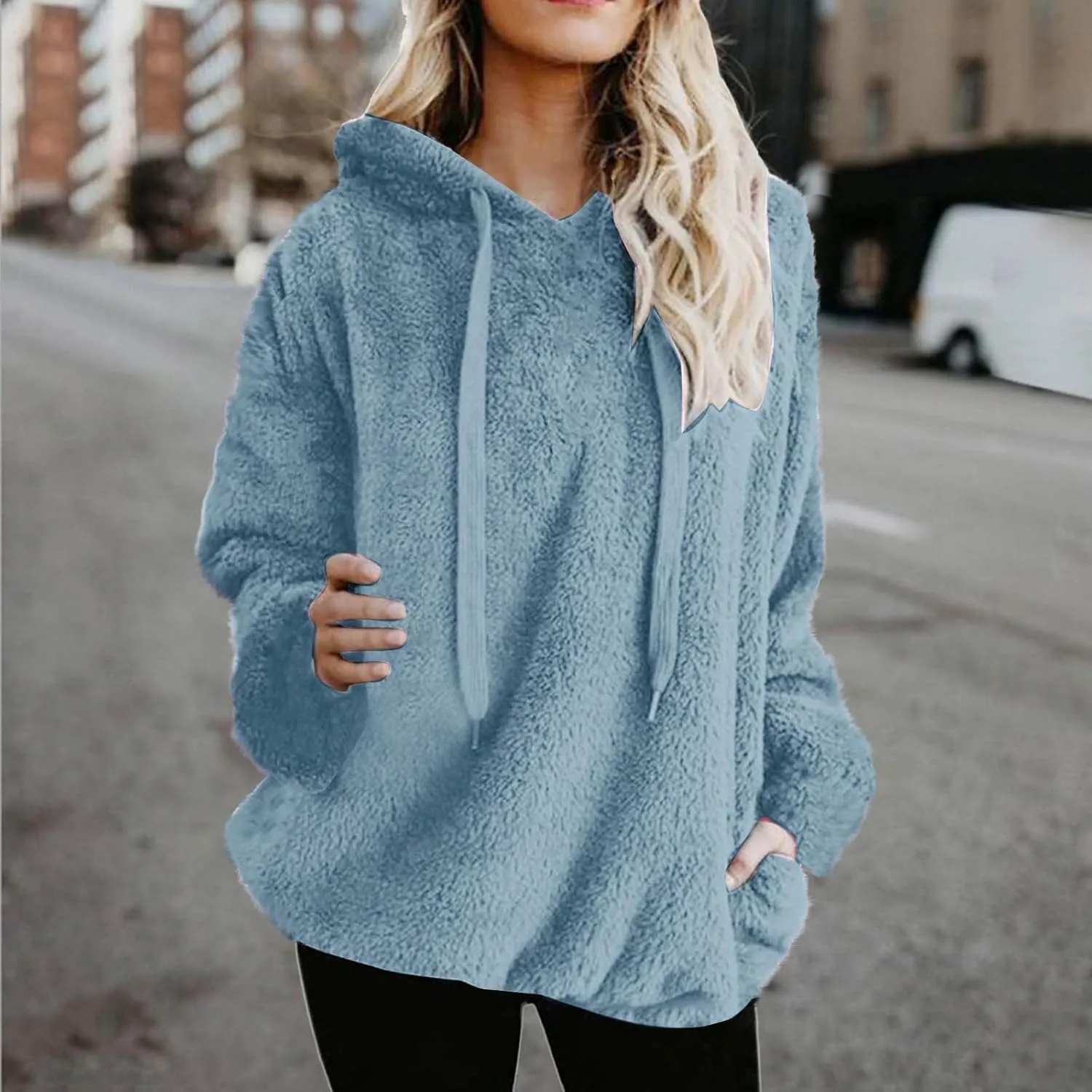 Oversized Fuzzy Fleece Hoodies For Women Warm Long Sleeve Sherpa Pullover Sweatshirts Winter Tops With Pockets