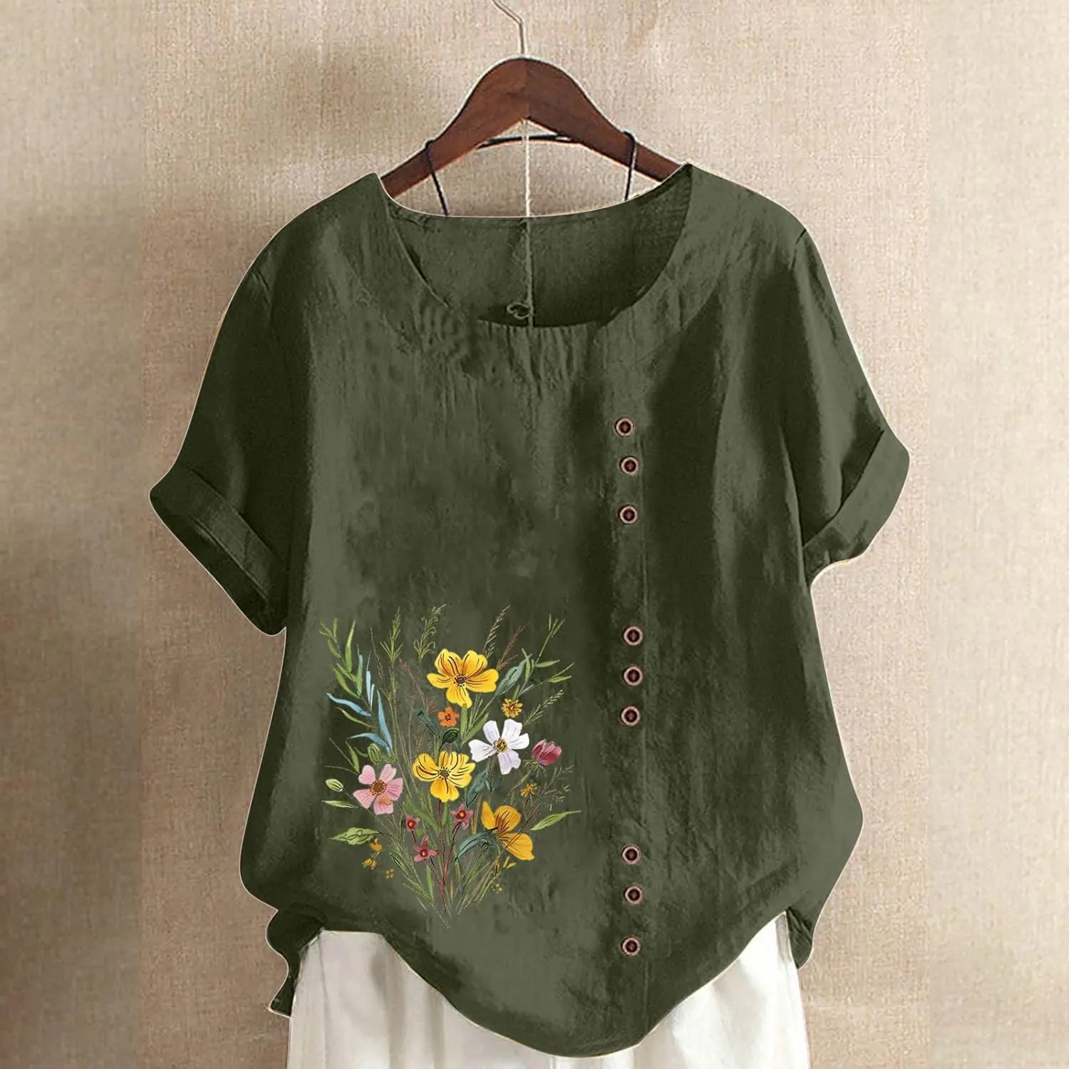 Oversized Tops for Women Loose Linen Plus Size Shirt Short Sleeved Cute Floral Printed Scoop Neck Womens Shirts