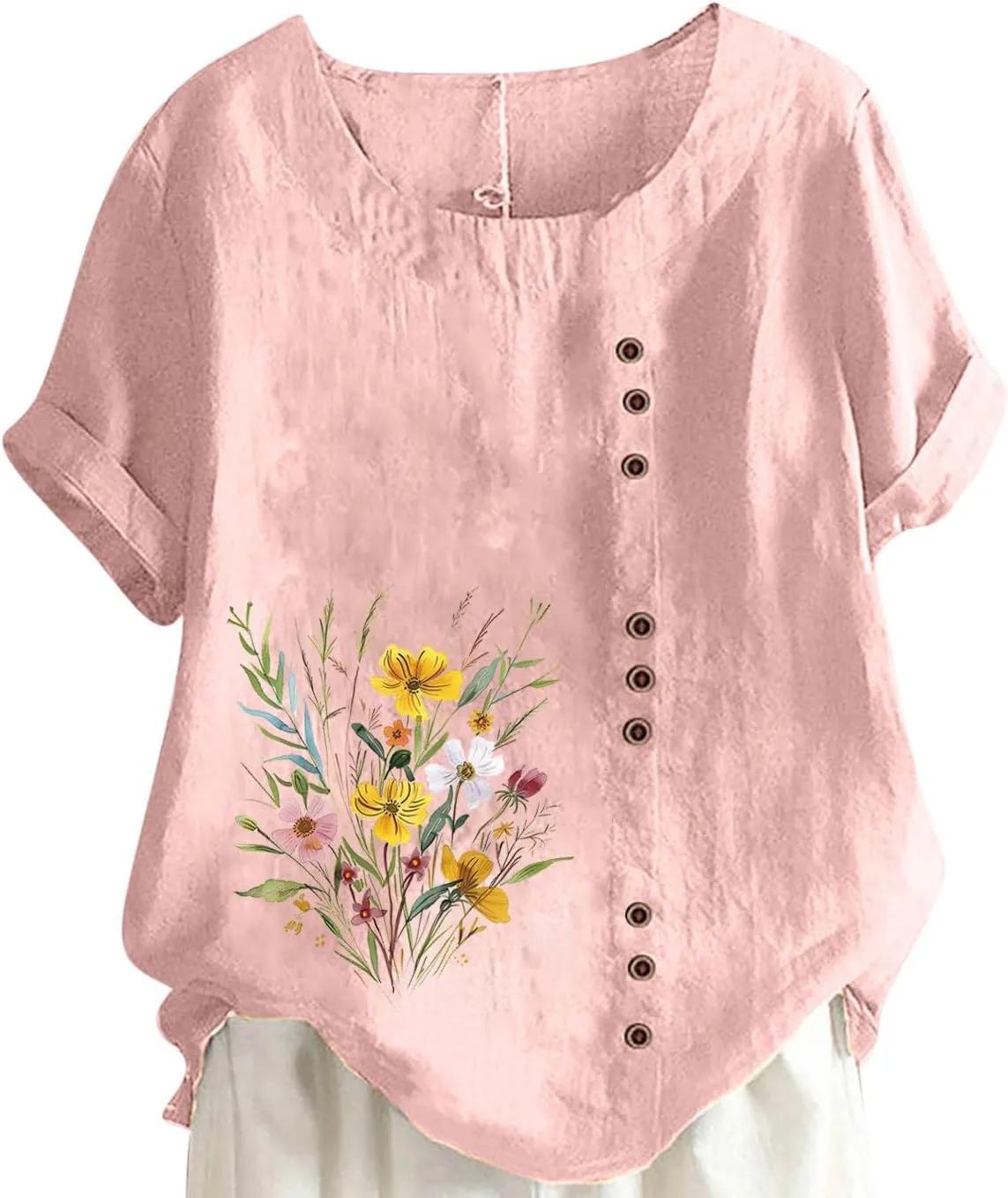 Oversized Tops for Women Loose Linen Plus Size Shirt Short Sleeved Cute Floral Printed Scoop Neck Womens Shirts