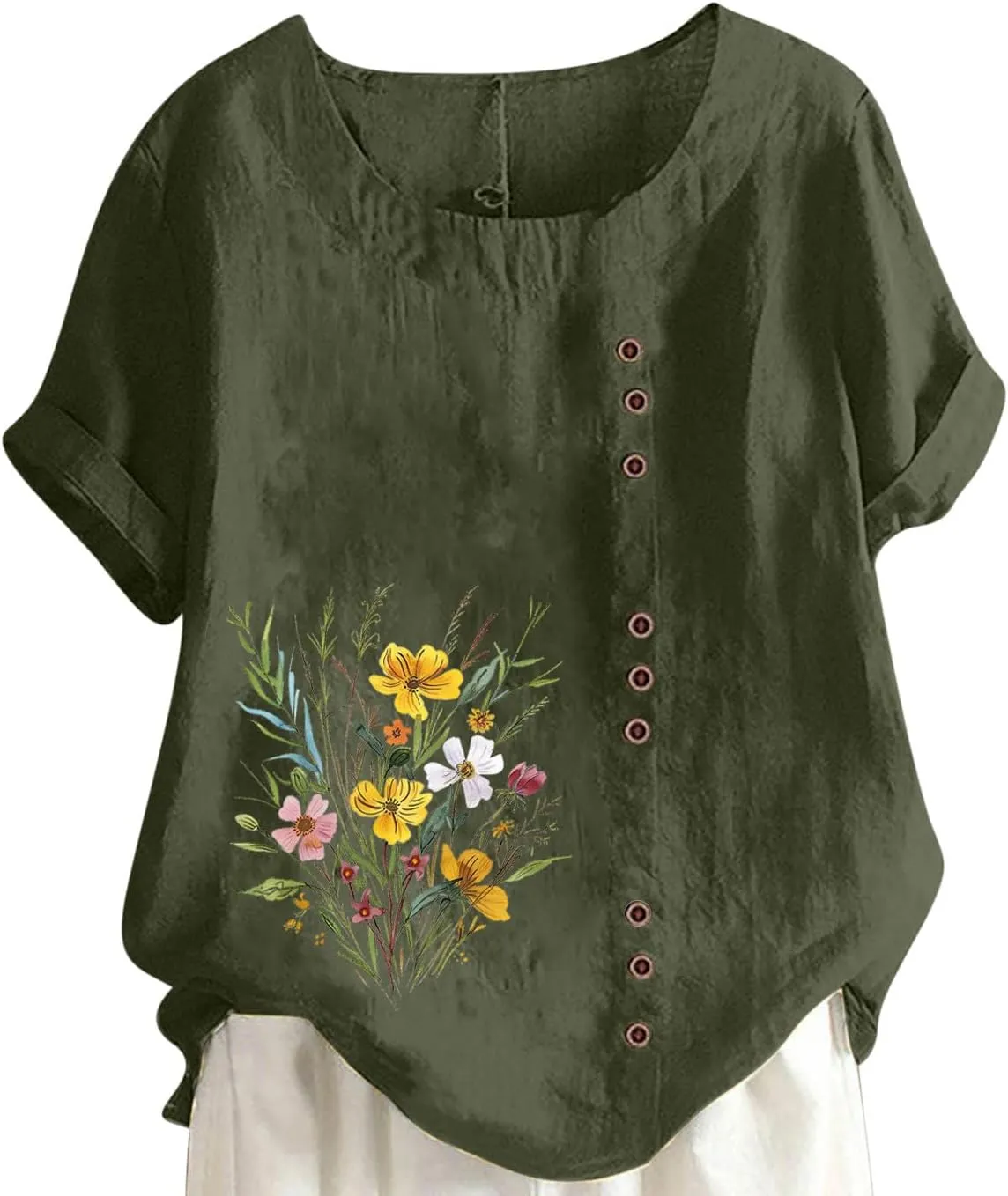 Oversized Tops for Women Loose Linen Plus Size Shirt Short Sleeved Cute Floral Printed Scoop Neck Womens Shirts