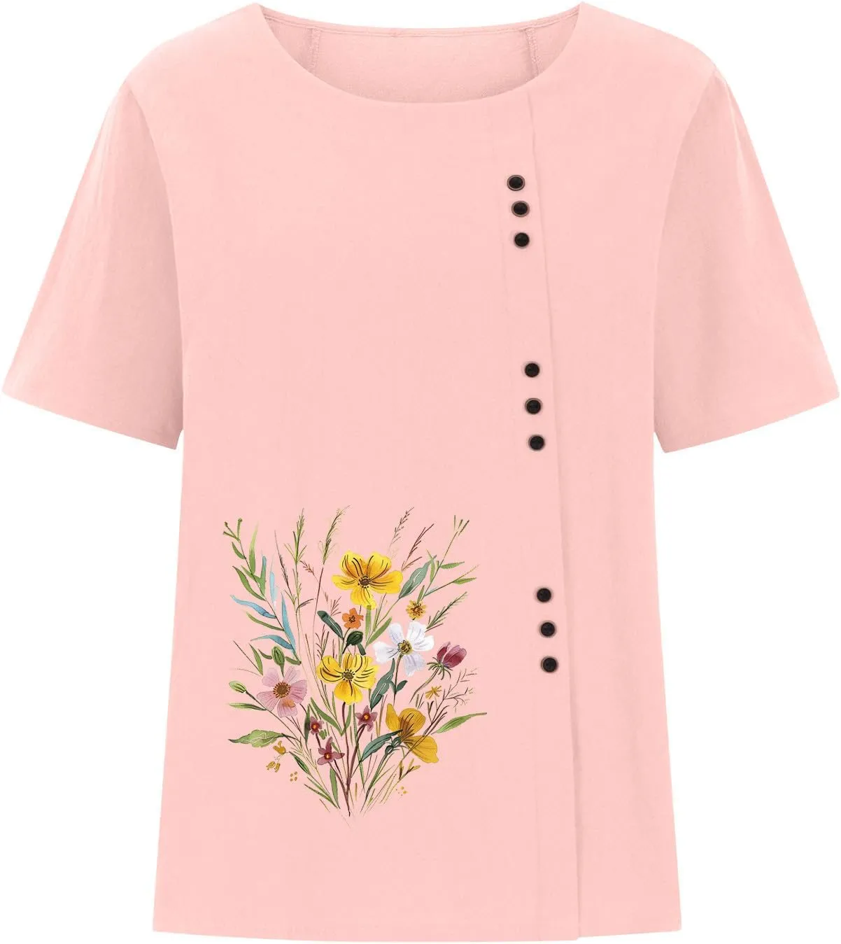Oversized Tops for Women Loose Linen Plus Size Shirt Short Sleeved Cute Floral Printed Scoop Neck Womens Shirts