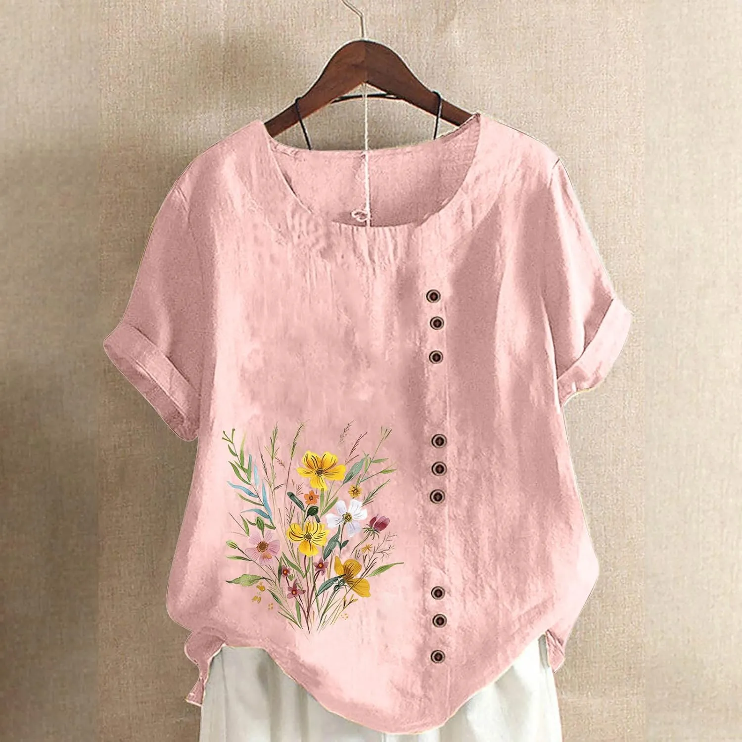 Oversized Tops for Women Loose Linen Plus Size Shirt Short Sleeved Cute Floral Printed Scoop Neck Womens Shirts