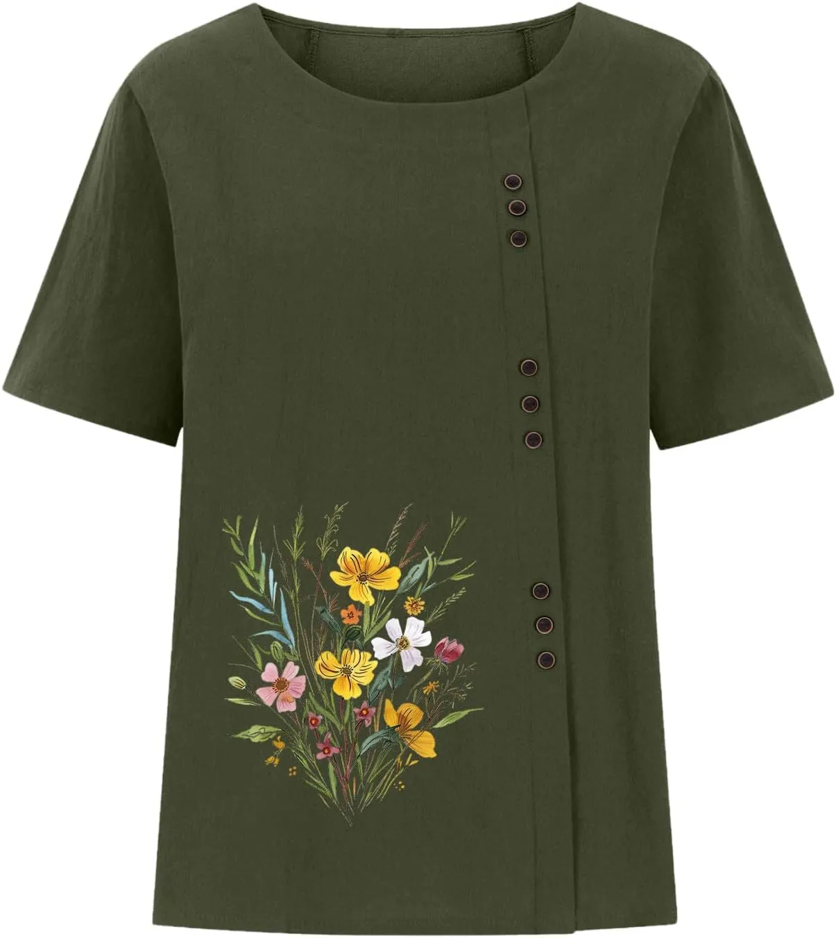 Oversized Tops for Women Loose Linen Plus Size Shirt Short Sleeved Cute Floral Printed Scoop Neck Womens Shirts