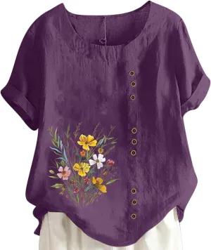 Oversized Tops for Women Loose Linen Plus Size Shirt Short Sleeved Cute Floral Printed Scoop Neck Womens Shirts