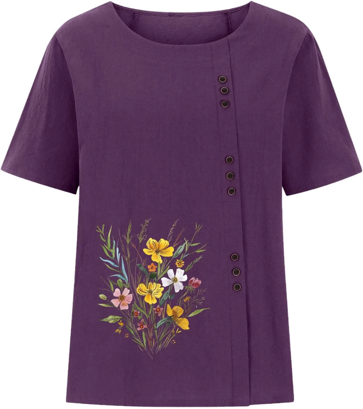 Oversized Tops for Women Loose Linen Plus Size Shirt Short Sleeved Cute Floral Printed Scoop Neck Womens Shirts