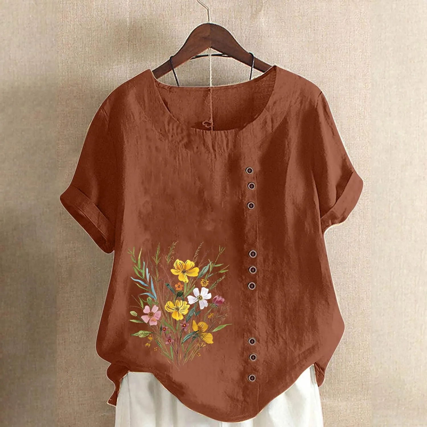 Oversized Tops for Women Loose Linen Plus Size Shirt Short Sleeved Cute Floral Printed Scoop Neck Womens Shirts