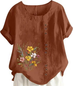 Oversized Tops for Women Loose Linen Plus Size Shirt Short Sleeved Cute Floral Printed Scoop Neck Womens Shirts