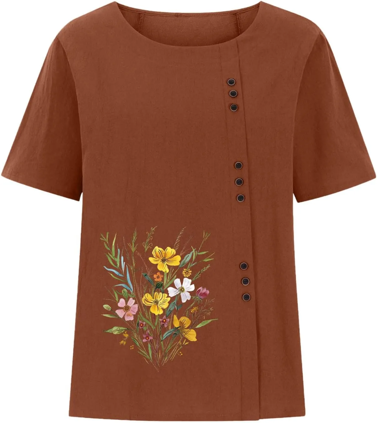 Oversized Tops for Women Loose Linen Plus Size Shirt Short Sleeved Cute Floral Printed Scoop Neck Womens Shirts