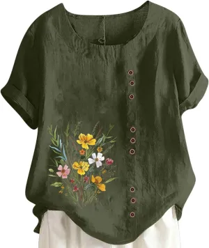Oversized Tops for Women Loose Linen Plus Size Shirt Short Sleeved Cute Floral Printed Scoop Neck Womens Shirts