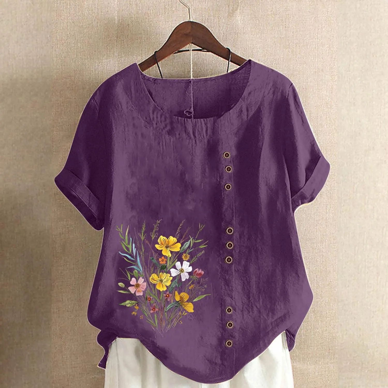 Oversized Tops for Women Loose Linen Plus Size Shirt Short Sleeved Cute Floral Printed Scoop Neck Womens Shirts