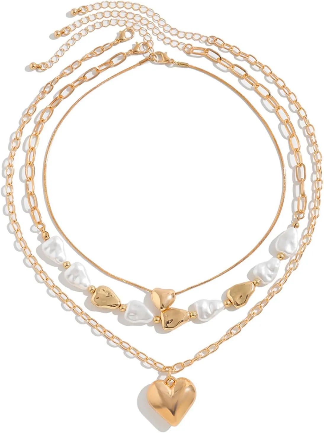 Pack of 3 Faux Pearls Choker Necklaces with Heart Pendant Multi Layered Neckchain Adjustable Clavicle Chain for Women