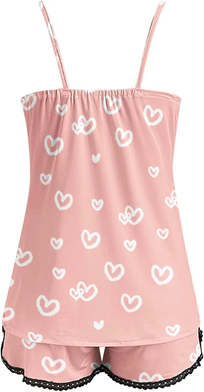 Pajama Sets for Women V Neck Tank Top and Shorts Soft Love Heart Print Two Piece Pjs Set Nightwear Loungewear