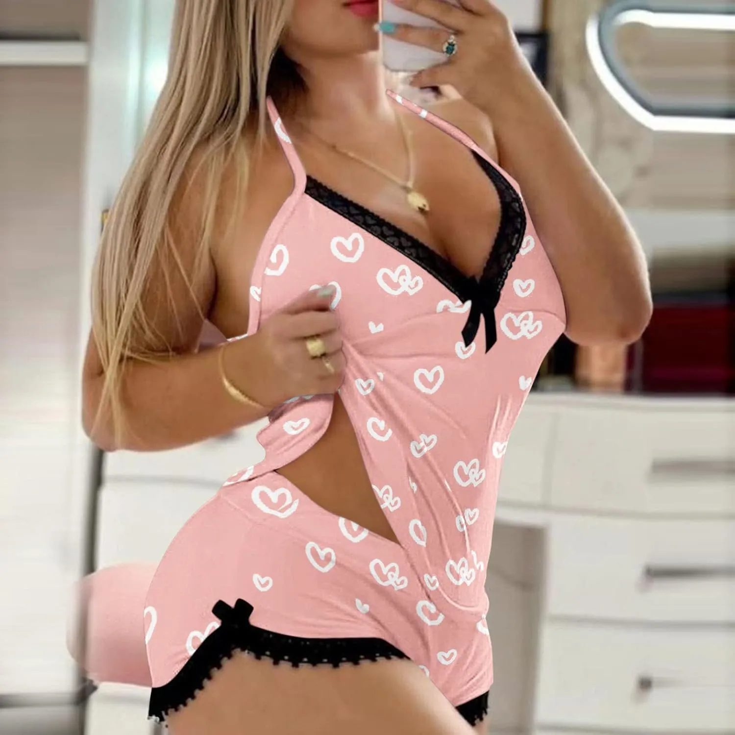 Pajama Sets for Women V Neck Tank Top and Shorts Soft Love Heart Print Two Piece Pjs Set Nightwear Loungewear