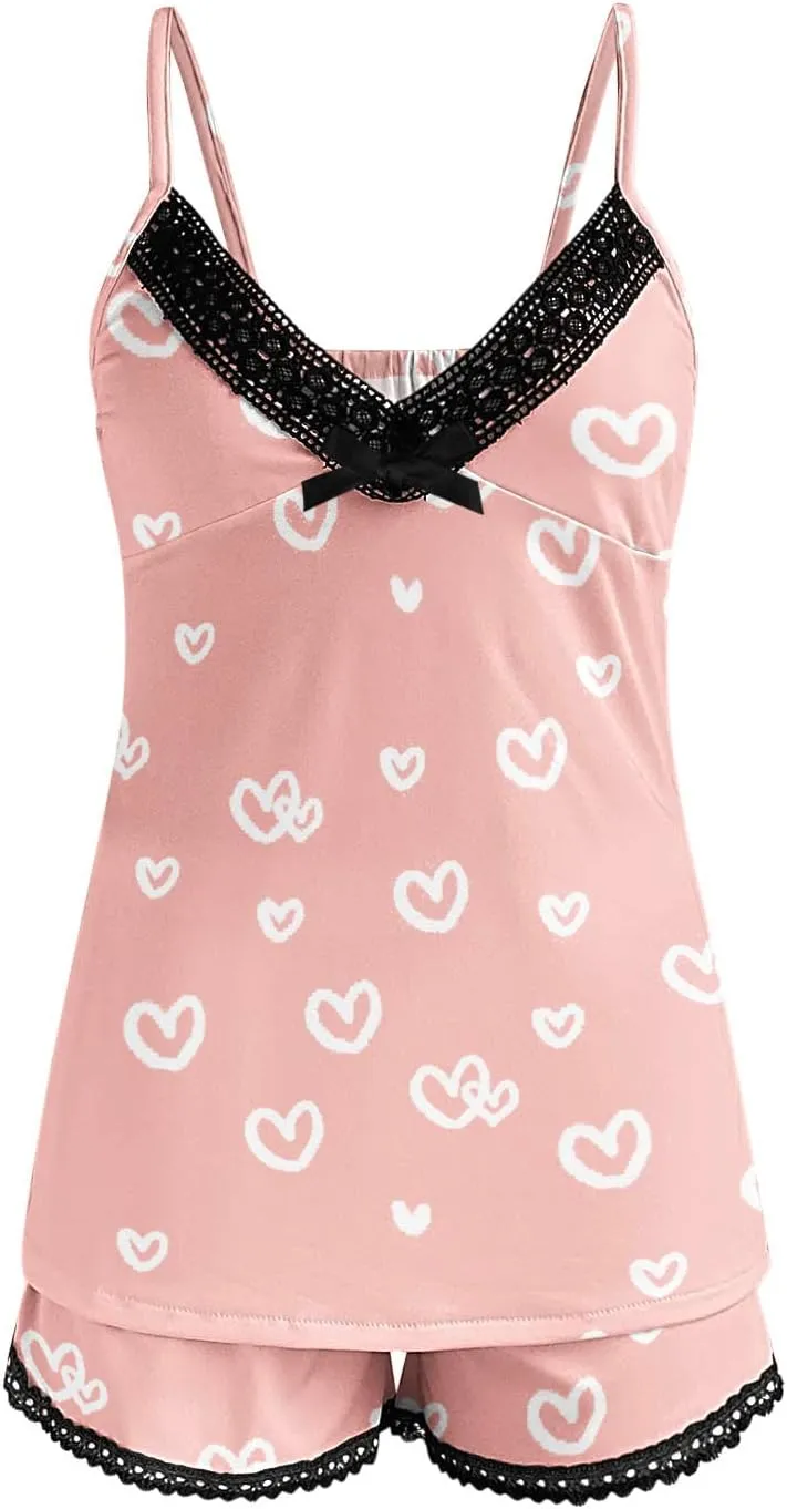 Pajama Sets for Women V Neck Tank Top and Shorts Soft Love Heart Print Two Piece Pjs Set Nightwear Loungewear