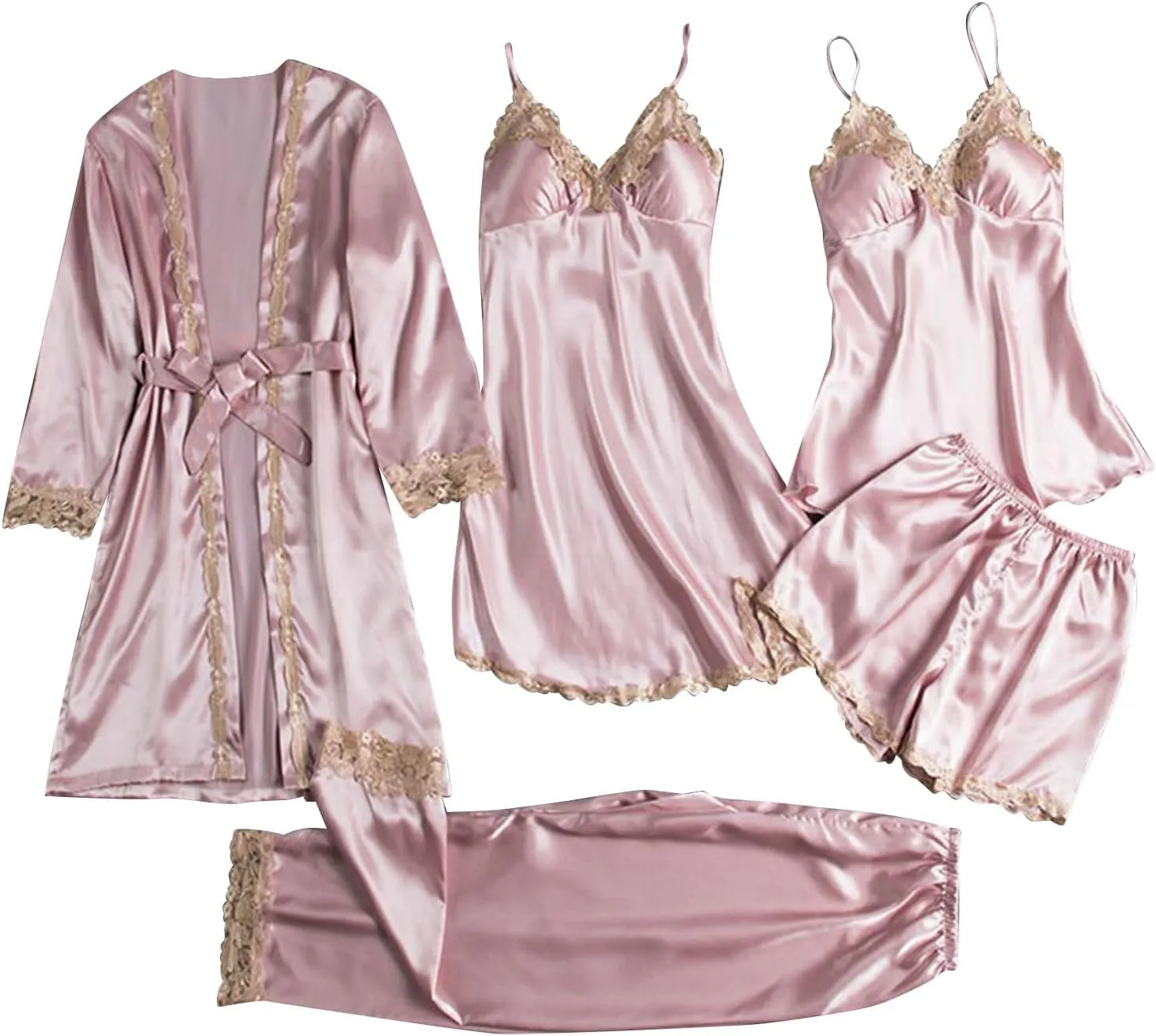 Pajamas 5 Pack Silk Satin Women Sexy Lace Trim Cami Tops and Shorts Pants Nightgowns Robe Set Soft Comfy Sleepwear