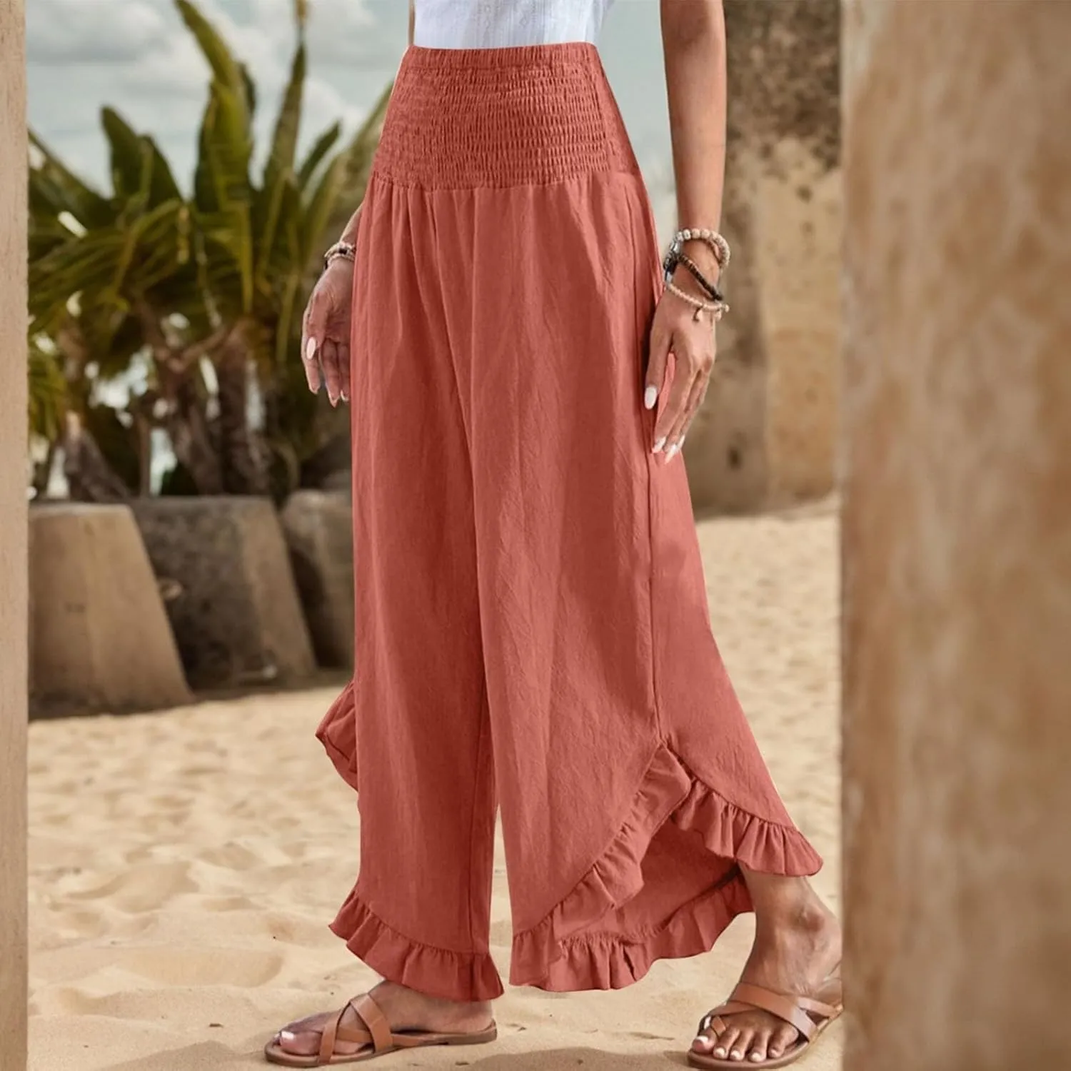 Palazzo Pants for Women Casual Linen Wide Leg Stretch Smocked High Waisted Ruffle Hem Slacks Summer Beach Pant with Pockets